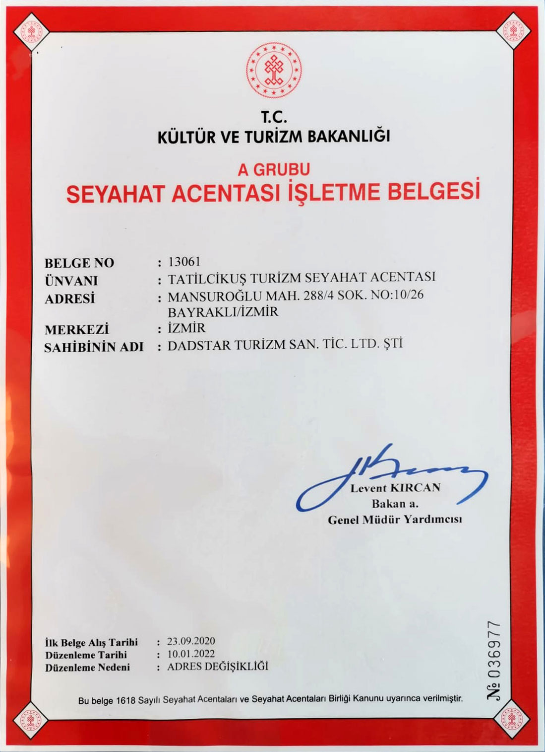 Tatilcikuş Türsab Belgesi